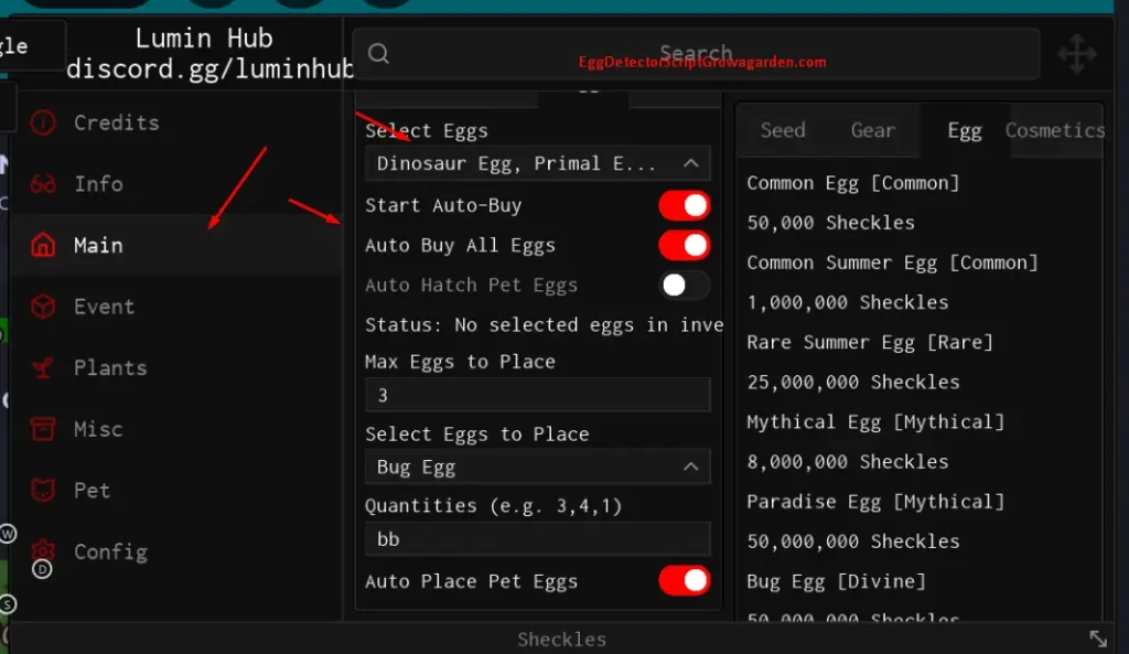 Lumin hub Egg script - auto buy, auto place egg, auto hatch from dinosaur egg, primal rainbow eggg